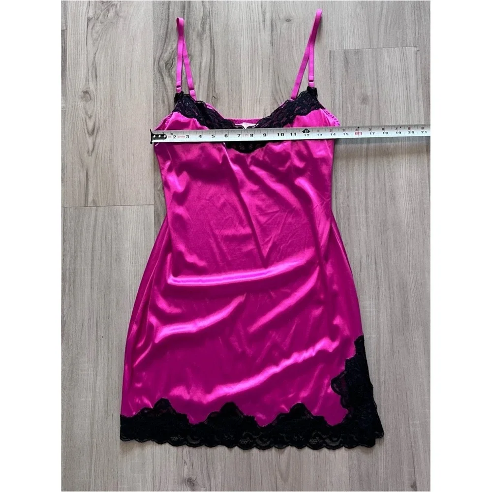 Victoria's Secret Hot Pink stretch Satin Slip Black Lace built in bra 36C vntg - Picture 6 of 15